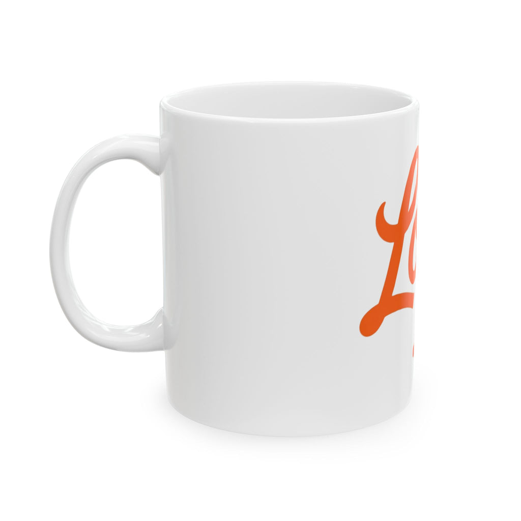 Locs Coffee Mug — Orange Script Design with Traffic Cone Accent