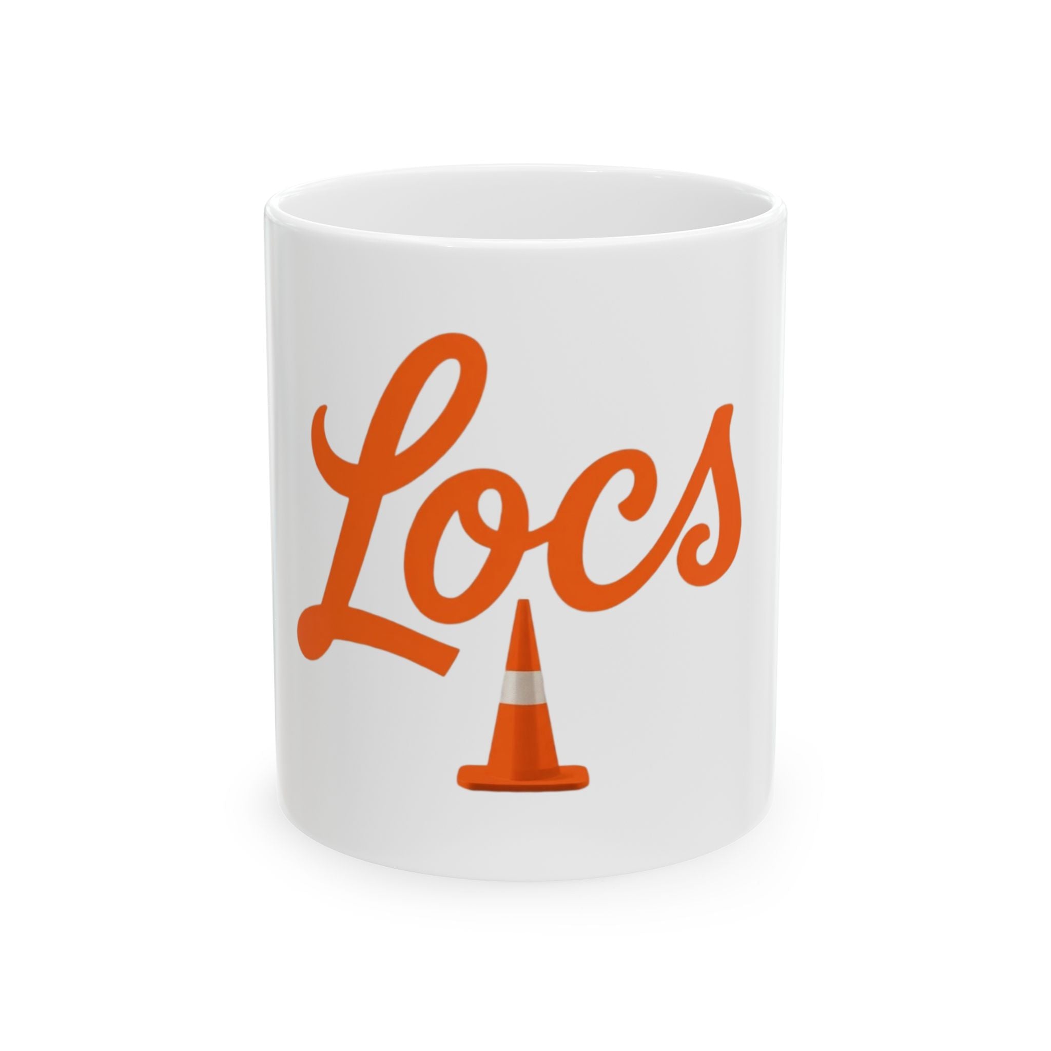 Locs Coffee Mug — Orange Script Design with Traffic Cone Accent