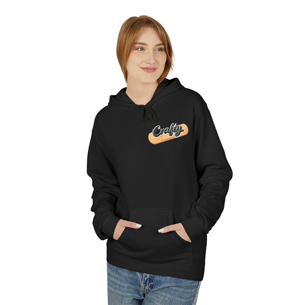 Crafty Skull Hoodie — Retro 'Crafty' Chest Logo with Faded Skull & Crossbones Back